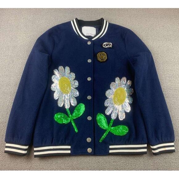 Signature 8 Varsity Bomber Jacket Women S Navy Blue Sequin Daisy Floral - Picture 1 of 12